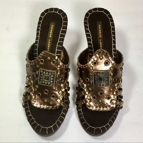CHINESE LAUNDRY Global bronze wood platform sandals size 8, NIB - Picture 2 of 10